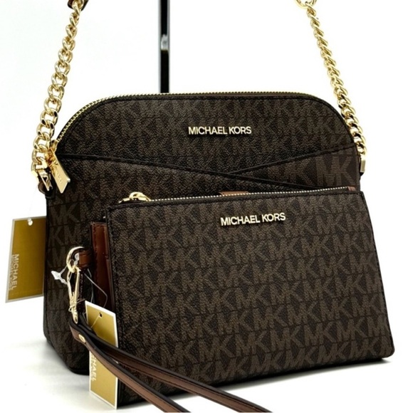 Michael Kors Jet Set Travel MD Logo Dome Crossbody Bag & Matching Wallet Brown - Picture 1 of 13